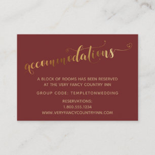 Gold Hearts Script Burgundy Wedding Accommodations Enclosure Card