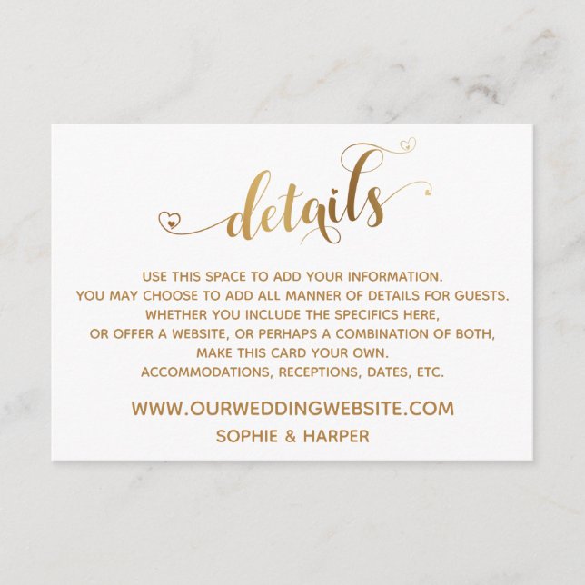 Gold Hearts Script, Diamonds Details on White Enclosure Card (Front)
