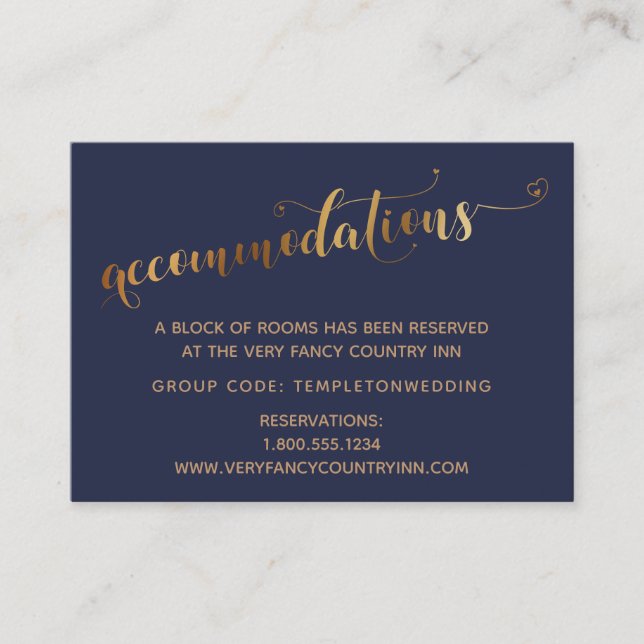 Gold Hearts Script Navy Wedding Accommodations Enclosure Card (Front)