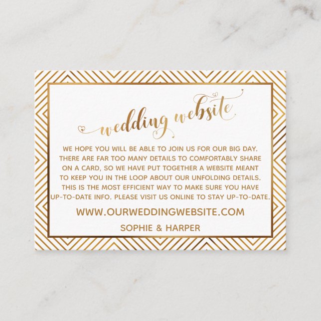 Gold Hearts Script on White Wedding Website Enclosure Card (Front)