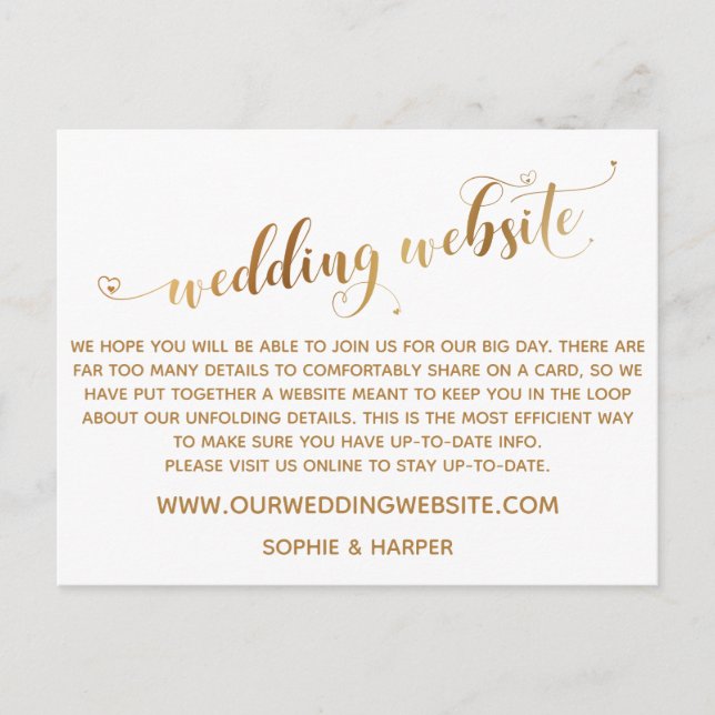 Gold Hearts Script on White Wedding Website Postcard (Front)