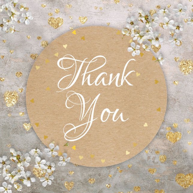Gold Hearts Script Thank You Rustic Kraft Boho Classic Round Sticker (Gold Hearts Script Thank You Rustic Kraft Boho Classic Round Sticker)