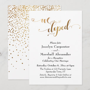 Gold Hearts Script We Eloped Confetti Back Invitation