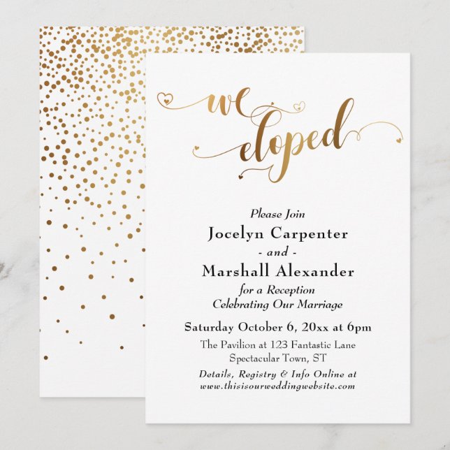 Gold Hearts Script We Eloped Confetti Back Invitation (Front/Back)