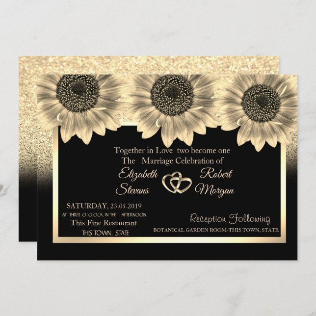 Gold Hearts,Sunflowers,Glitter Wedding Invitation (Front/Back)