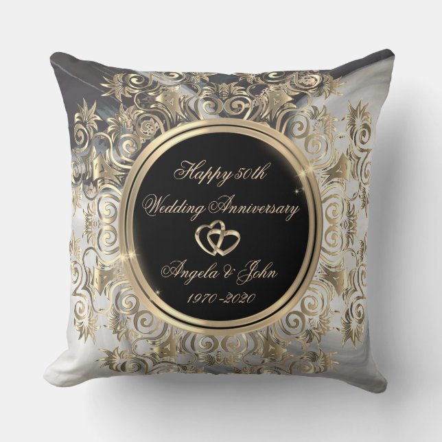Gold Hearts Swirls Marble 50th Wedding Anniversary Cushion (Front)