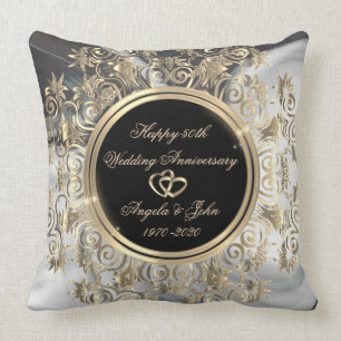 Gold Hearts Swirls Marble 50th Wedding Anniversary Cushion