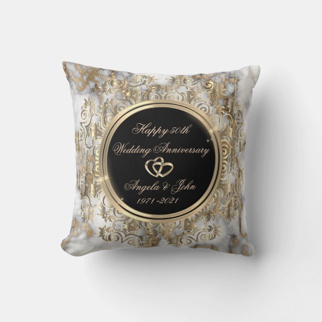 Gold Hearts Swirls Marble 50th Wedding Anniversary Cushion (Front)