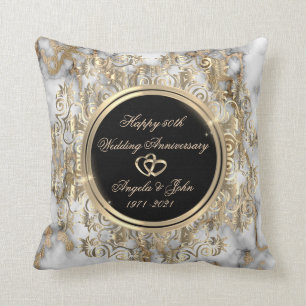 Gold Hearts Swirls Marble 50th Wedding Anniversary Cushion