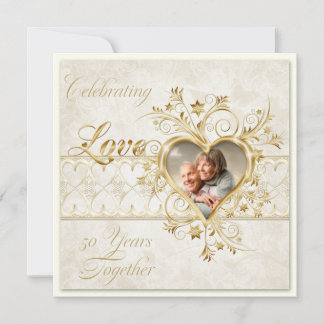 Gold Hearts Swirls Photo 50th Wedding Anniversary Invitation