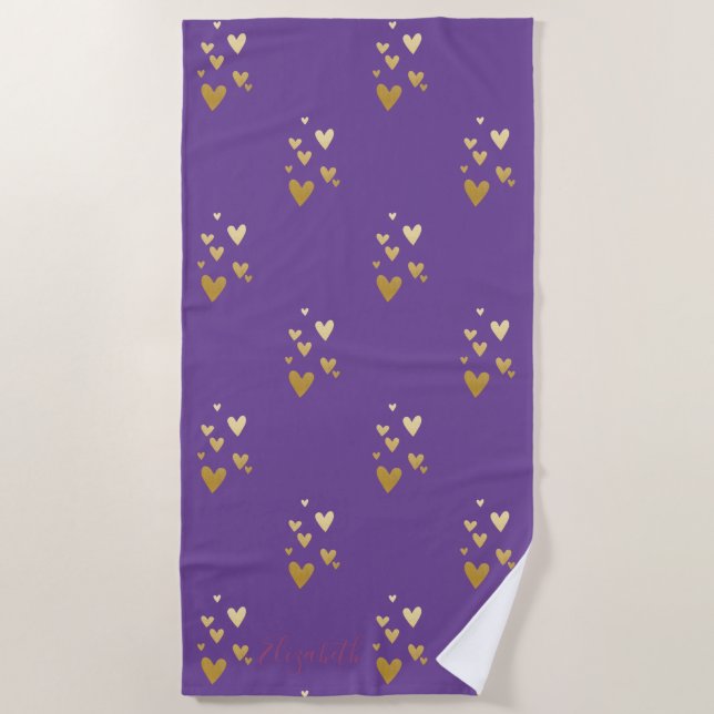 Gold Hearts Violet Beach Towel (Front)