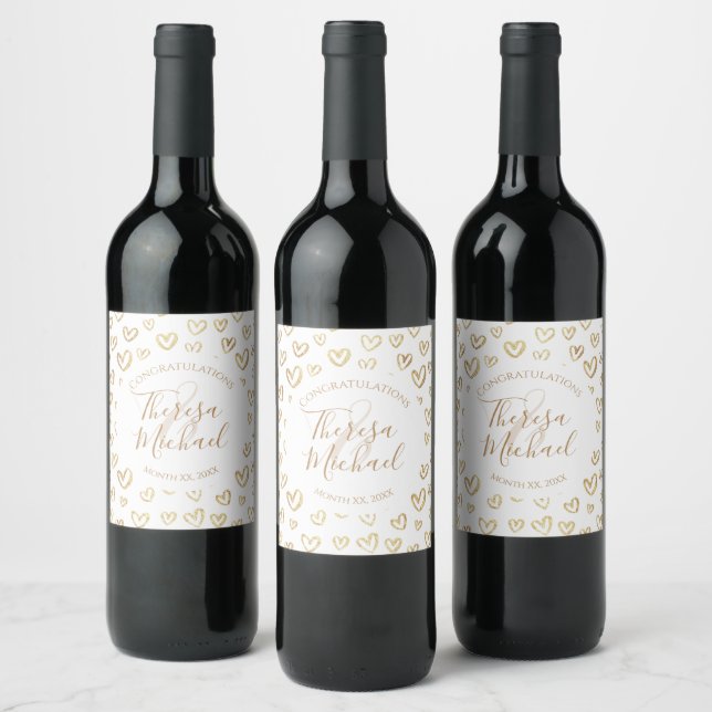 Gold Hearts Wedding Custom Saying Name Date Wine Label (Bottles)