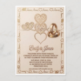 Gold Hearts & Wedding Rings Elegant Invitation