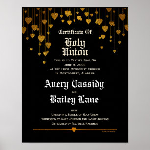 Gold hearts, white text, black Wedding Certificate Poster