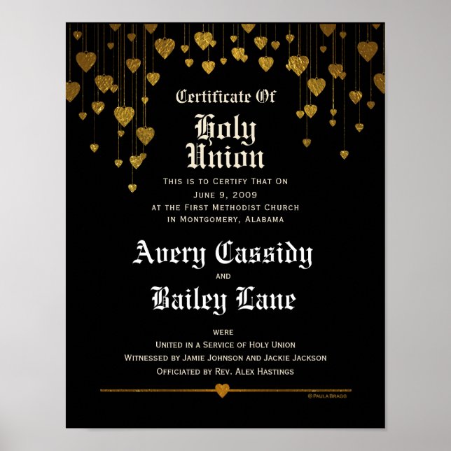 Gold hearts, white text, black Wedding Certificate Poster (Front)