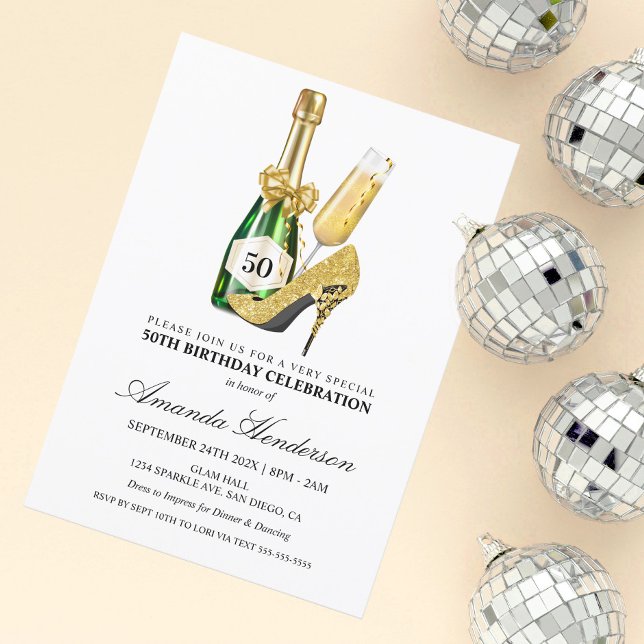 Gold Heels and Champagne Women's Birthday Invitation (Creator Uploaded)