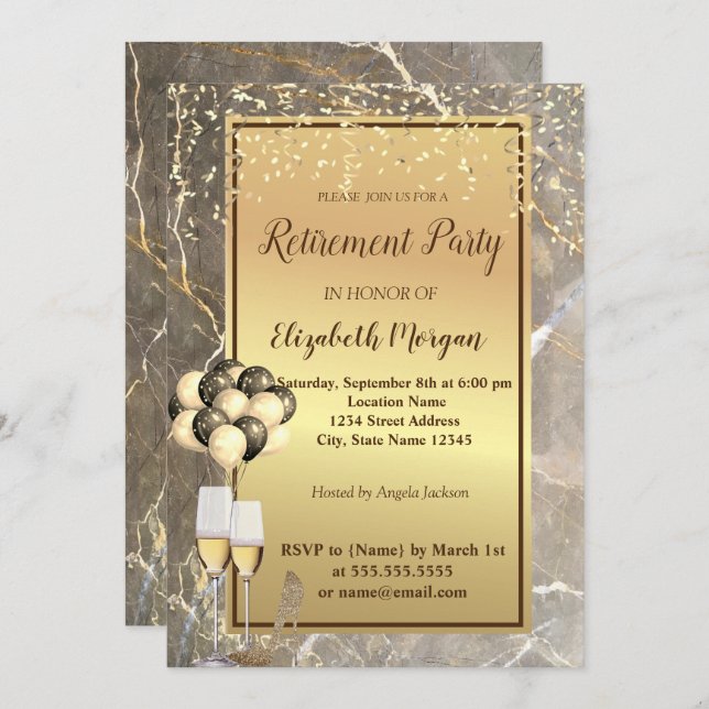 Gold Heels,Glass,Ballons,Marble Retirement Party Invitation (Front/Back)