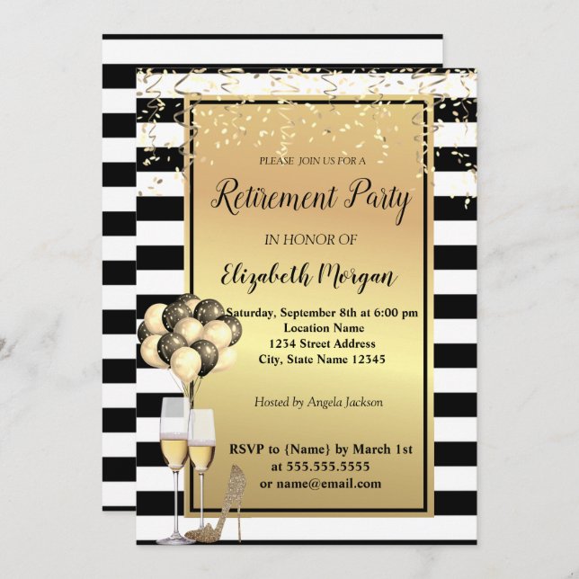 Gold Heels,Glass,Ballons,Stripes  Retirement Party Invitation (Front/Back)