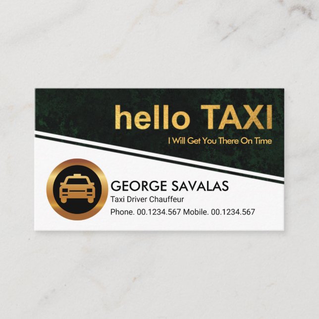 Gold Hello Taxi Signage Green Grunge Taxi Driver Business Card (Front)
