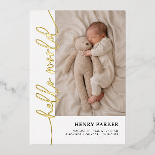 Gold Hello World Baby Photo Birth Announcement