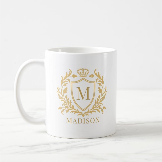Gold Heraldic Crest Crown Monogram Coffee Mug (Left)