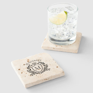 Gold Heraldic Crest Crown Monogram Stone Coaster