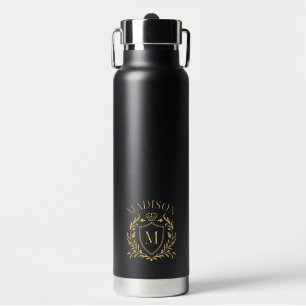 Gold Heraldic Crest Crown Monogram Water Bottle