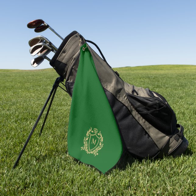 Gold Heraldic Shield Monogram On Green Golf Towel (Green)