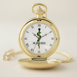 Gold Herbal Green Rod of Asclepius Medical Name Pocket Watch