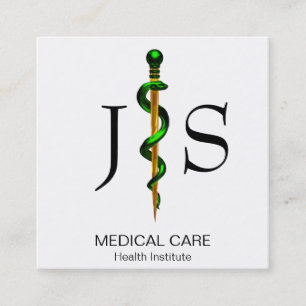 Gold Herbal Green Rod of Asclepius Medical Square Business Card