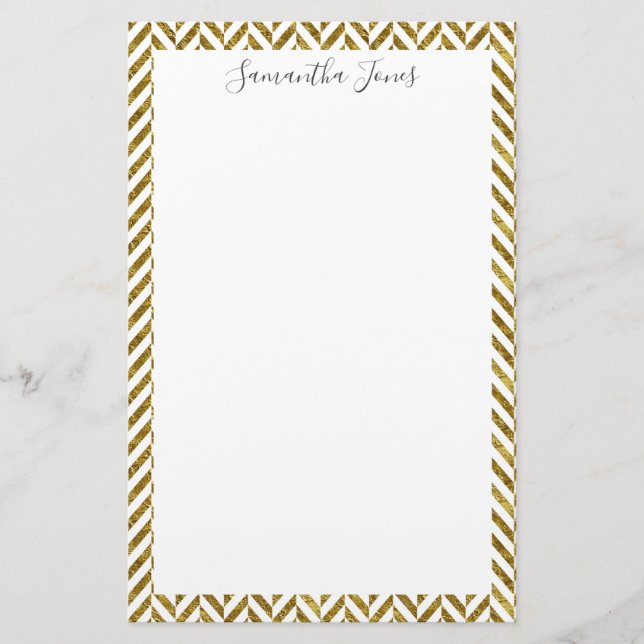 Gold Herringbone Pattern Metallic | Personalised Stationery (Front)