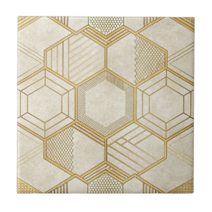 Gold Hexagon Geometric Cream Marble Pattern Ceramic Tile