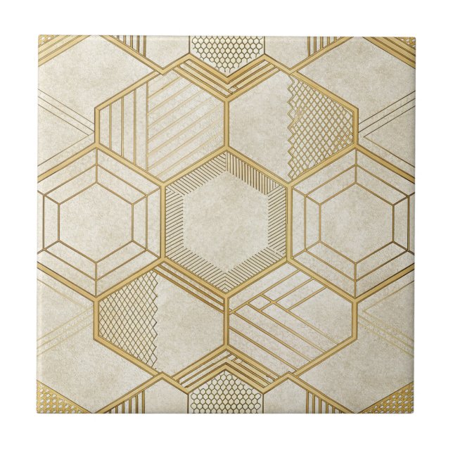 Gold Hexagon Geometric Cream Marble Pattern Ceramic Tile (Front)