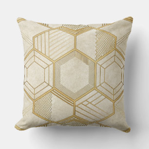 Gold Hexagon Geometric Cream Marble Pattern Cushion