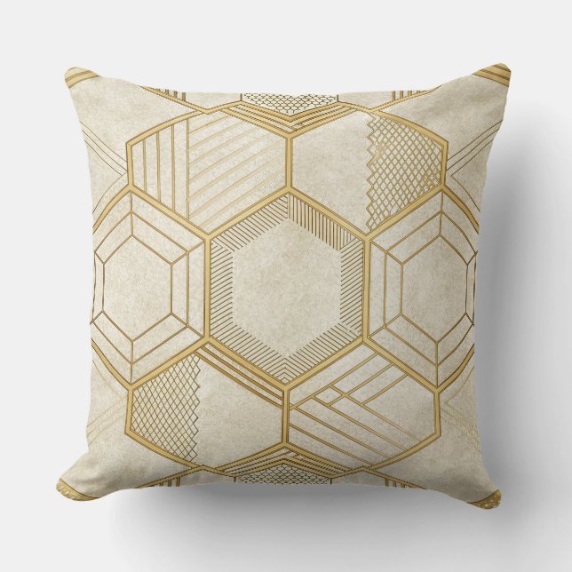 Gold Hexagon Geometric Cream Marble Pattern Cushion (Front)