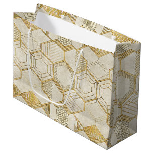 Gold Hexagon Geometric Cream Marble Pattern Large Gift Bag