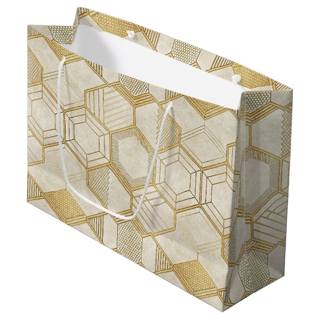 Gold Hexagon Geometric Cream Marble Pattern Large Gift Bag (Front Angled)