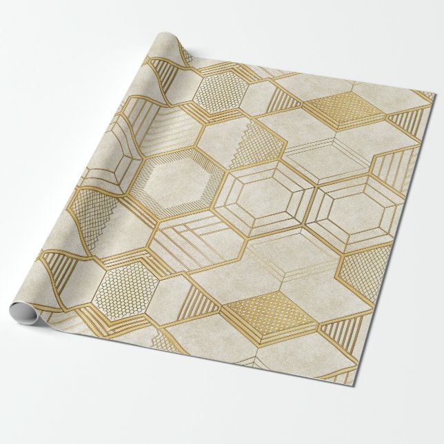Gold Hexagon Geometric Cream Marble Pattern Wrapping Paper (Unrolled)