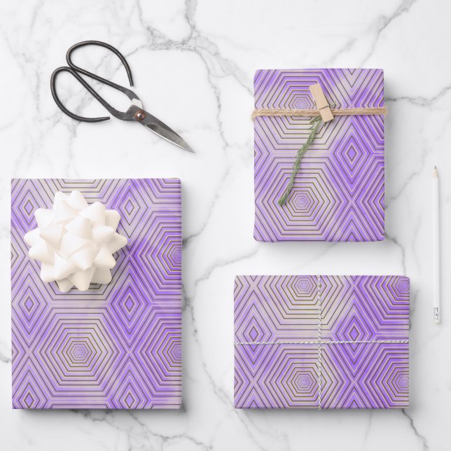 Gold Hexagon Geometric Pattern Purple Marble Wrapping Paper Sheet (Front)