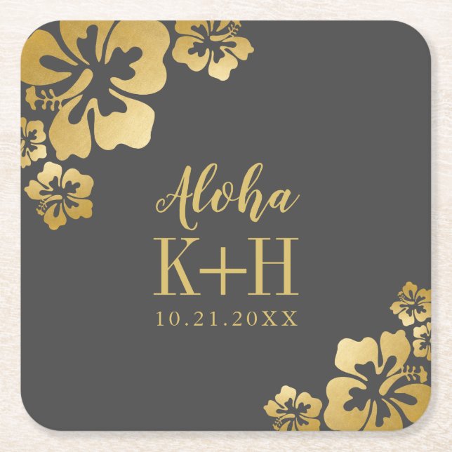 Gold Hibiscus Aloha Monogram Wedding Square Paper Coaster (Front)