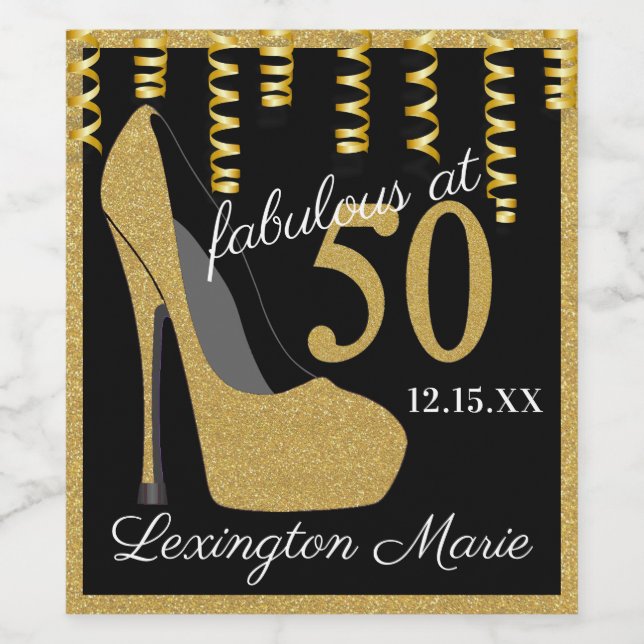 Gold High Heel 50th Birthday Party Sparkling Wine  Wine Label (Single Label)