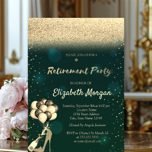 Gold High Heel Balloons Green Glitter Retirement  Invitation