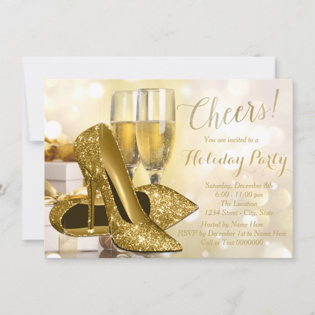 Gold High Heel Champagne Holiday Party Invitation (Front)