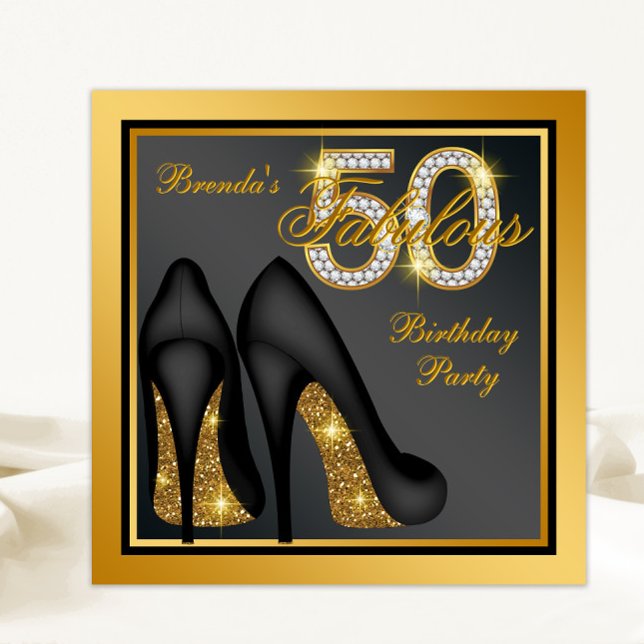 Gold High Heel Shoe Fabulous 50th Birthday Party Invitation (Elegant black gold glitter high heel fabulous 50 birthday invitation with diamond numbers.)
