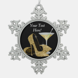 Gold High Heel Shoes and Martini Snowflake Pewter Christmas Ornament
