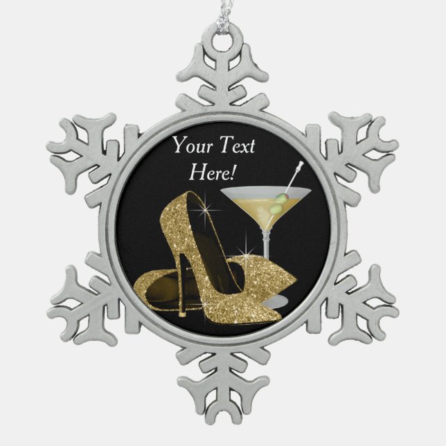 Gold High Heel Shoes and Martini Snowflake Pewter Christmas Ornament (Front)