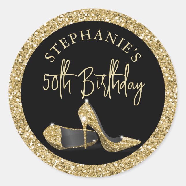 Gold High Heels 50th Birthday Personalised Classic Round Sticker (Front)