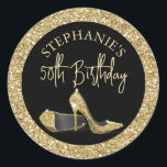 Gold High Heels 50th Birthday Personalised Classic Round Sticker<br><div class="desc">Modern Chic Elegant Black and Gold Birthday Personalised Envelope Seal or Favour Labels with Faux Glitter Yellow Gold High Heel Stiletto Shoes and custom name and birthday year in modern trendy whimsical calligraphy script cursive font.</div>