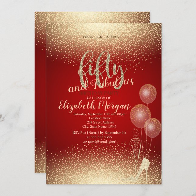 Gold High Heels Confetti,Red  50th Birthday Party Invitation (Front/Back)