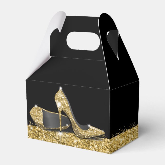 Gold High Heels Confetti Stripe Elegant Black Favour Box (Front Side)